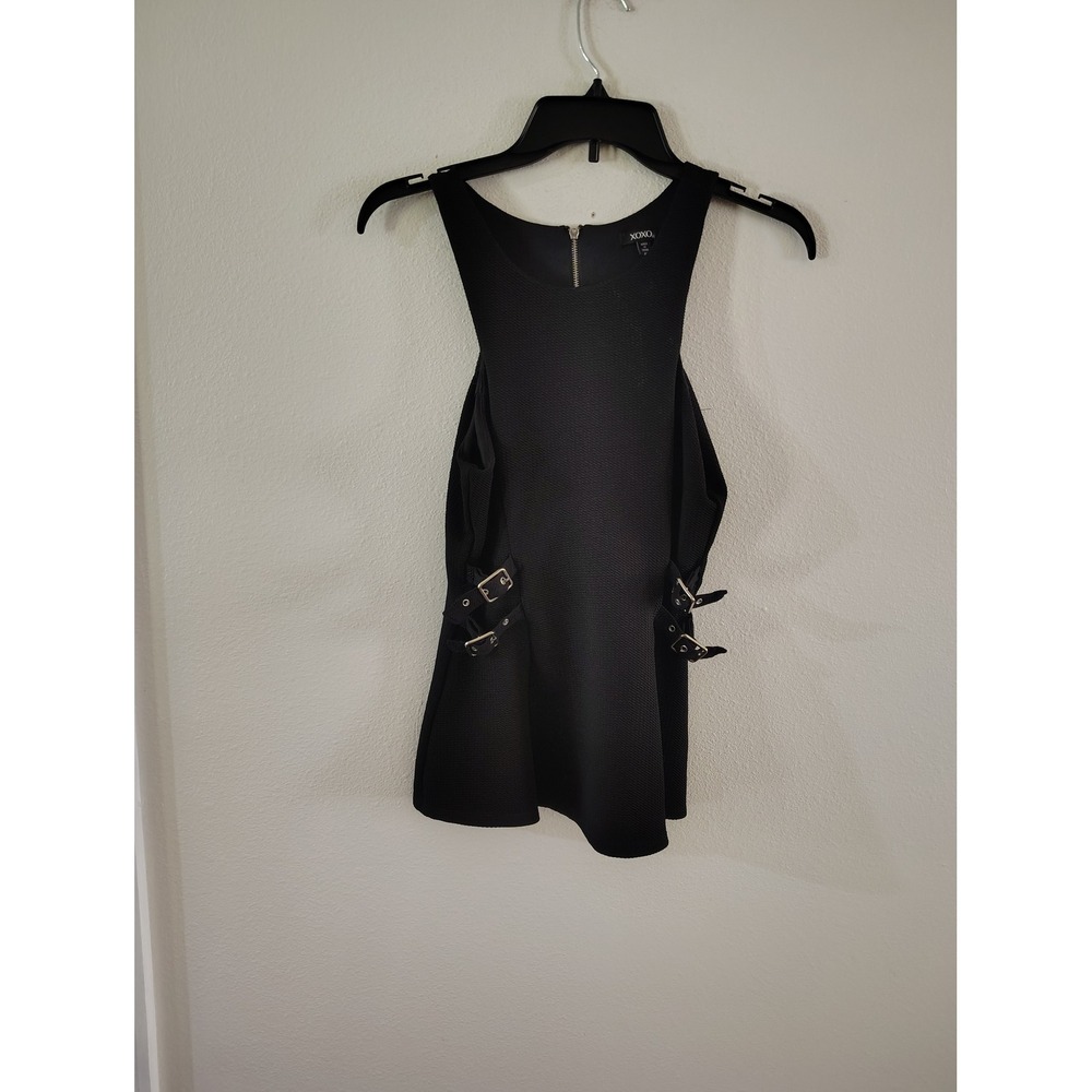 XOXO Womens Black Sleeveless Buckle Side Cut Out Peplum Top Size M